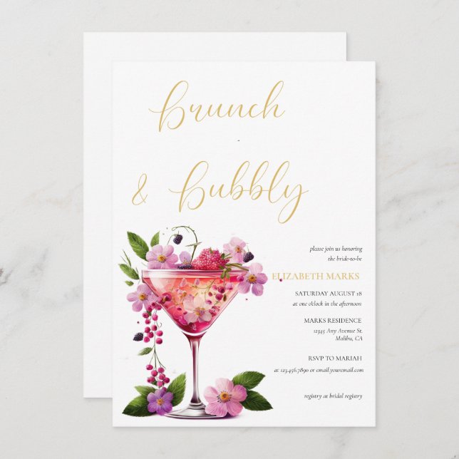 Elegant Pink Floral Brunch & Bubbly Bridal Shower  Invitation (Front/Back)