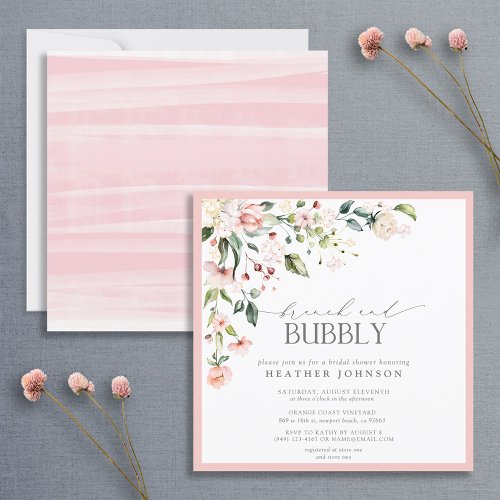 Elegant Pink Floral Brunch  Bubbly Bridal Shower Invitation