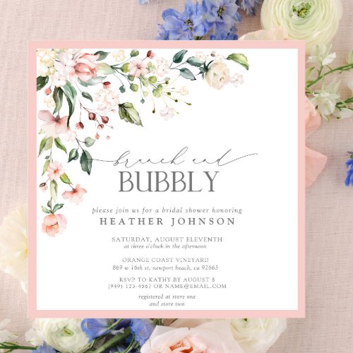 Elegant Pink Floral Brunch  Bubbly Bridal Shower Invitation