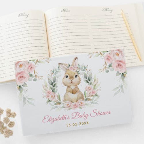 Elegant Pink Floral Bunny Rabbit Girl Baby Shower Guest Book