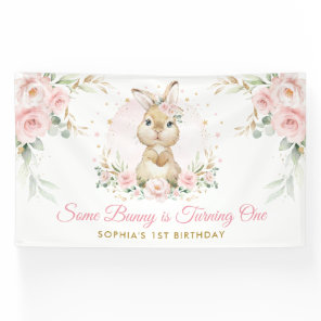Elegant Pink Floral Bunny Rabbit Girl Birthday Banner