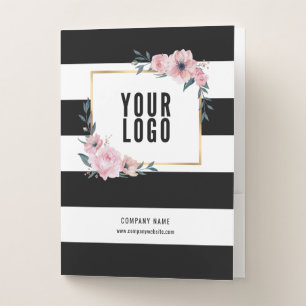 Elegant Pink Floral Business Logo Black Pocket Folder
