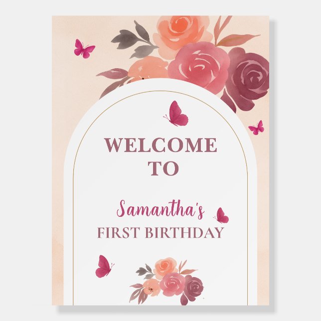 Elegant  Pink Floral Butterfly 1st Birthday  Foam Board (Front)