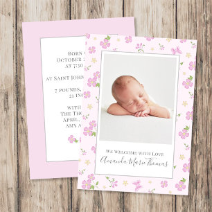 Elegant Pink Floral Butterfly Baby Girl Photo  Announcement