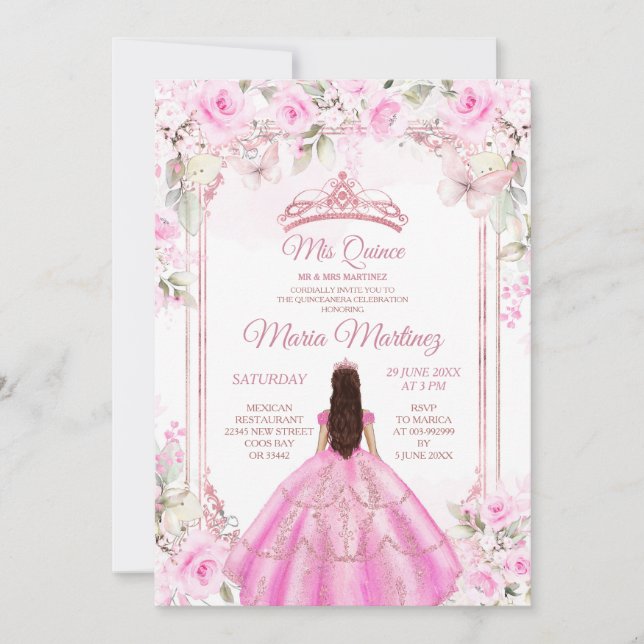 Elegant Pink Floral Butterfly Princess Quiñceanera Invitation (Front)