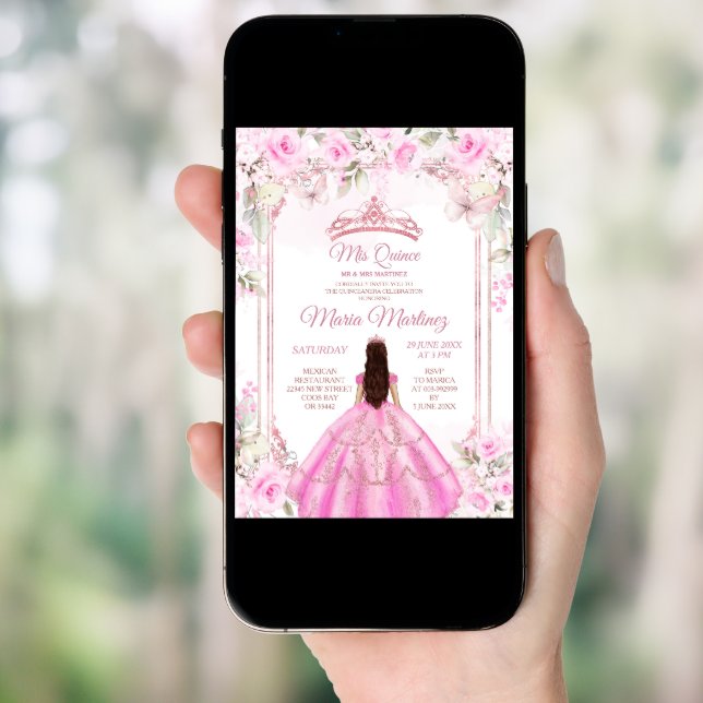 Elegant Pink Floral Butterfly Princess Quiñceanera Invitation (Front Digital)