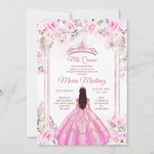 Elegant Pink Floral Butterfly Princess Quiceanera Invitation