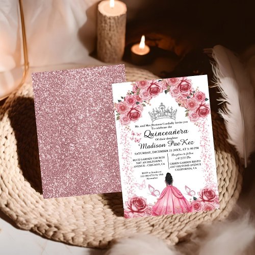 Elegant  Pink Floral Butterfly  Quinceanera Invitation
