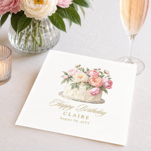 Elegant Pink Floral Cake Feminine Birthday Party Napkins