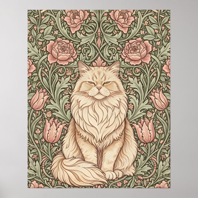 Elegant Pink Floral Cat Poster William Morris Art  (Front)