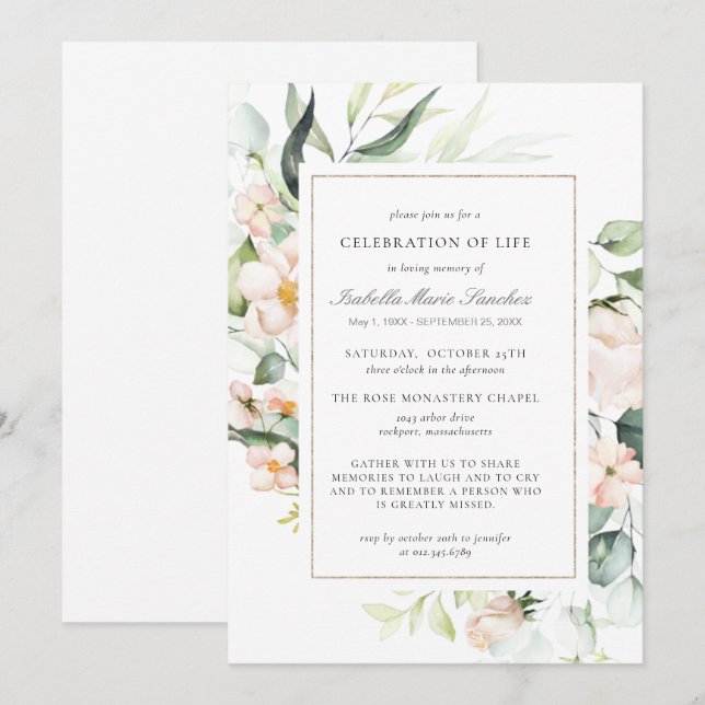 Elegant Pink Floral Celebration of Life Funeral Invitation (Front/Back)
