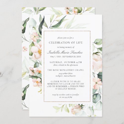 Elegant Pink Floral Celebration of Life Funeral  Invitation