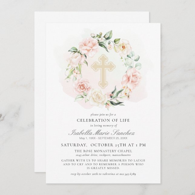 Elegant Pink Floral Celebration of Life Funeral  Invitation (Front/Back)