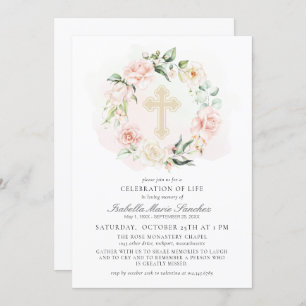 Elegant Pink Floral Celebration of Life Funeral Invitation
