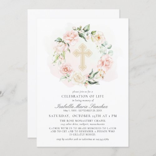 Elegant Pink Floral Celebration of Life Funeral  Invitation
