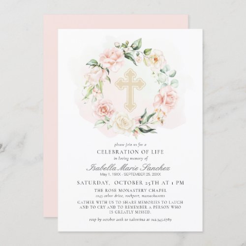 Elegant Pink Floral Celebration of Life Funeral Invitation
