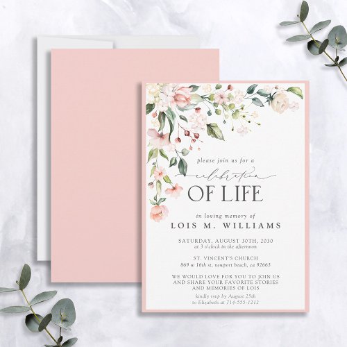 Elegant Pink Floral Celebration of Life Invitation
