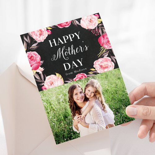 Elegant Pink Floral Chalkboard Photo Mothers Day Card