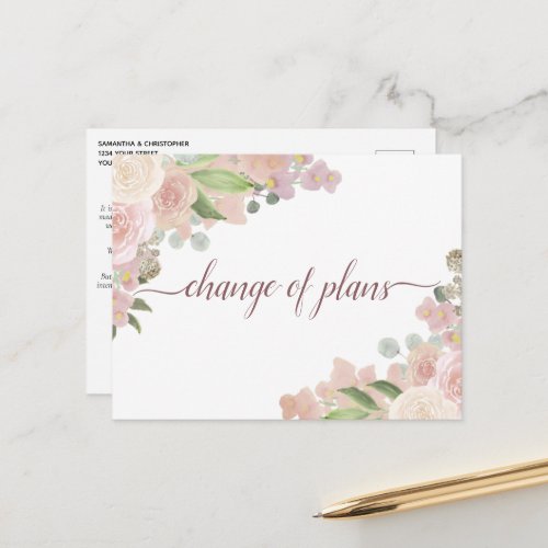 Elegant Pink Floral Change of Wedding Plans Announcement Postcard