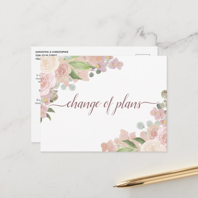 Elegant Pink Floral Change of Wedding Plans Announcement Postcard (Front/Back In Situ)