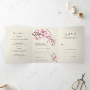 Elegant Pink Floral Cherry Blossom Wedding Tri-Fold Invitation