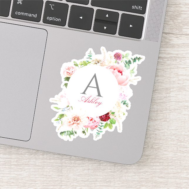 Elegant Pink Floral Circle Frame Name Monogram Sticker (Detail)