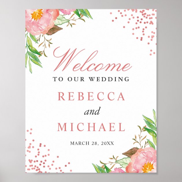 Elegant Pink Floral Confetti Wedding Welcome Sign