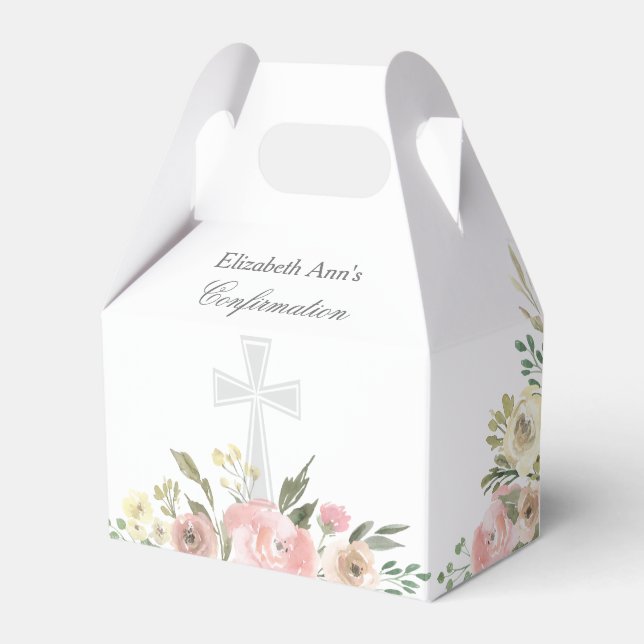 Elegant Pink Floral Confirmation Party Custom Favor Boxes (Front Side)