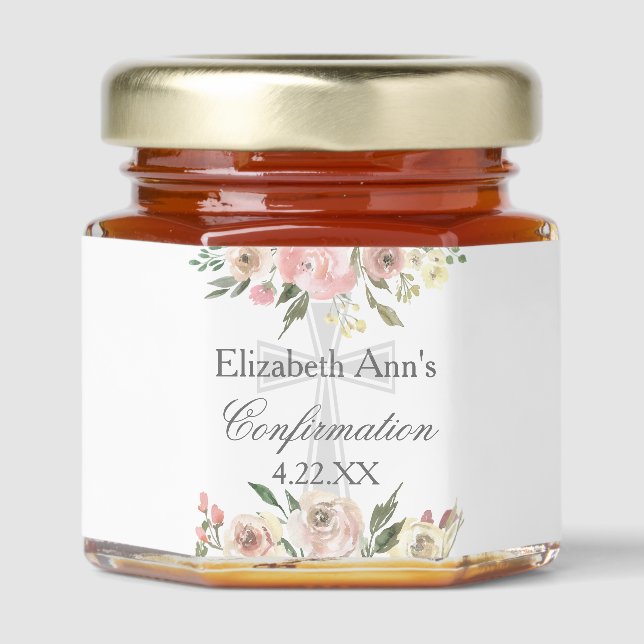 Elegant Pink Floral Confirmation Party Custom Honey Jar Favors (Front)