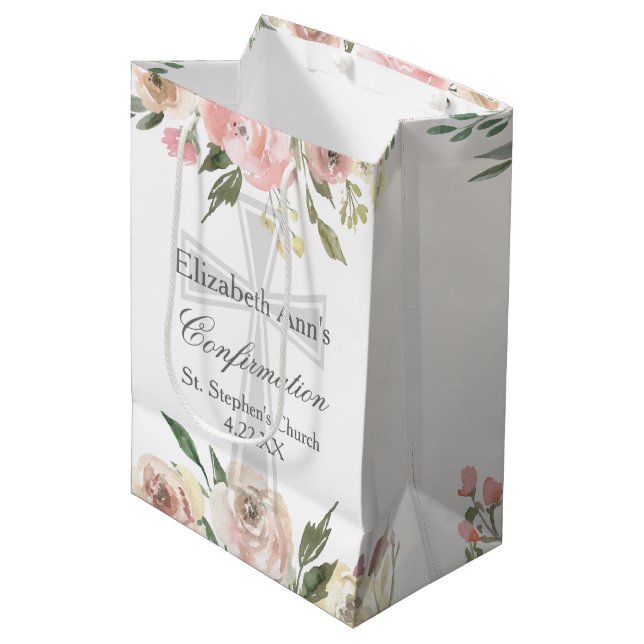 Elegant Pink Floral Confirmation Party Custom Medium Gift Bag (Front Angled)