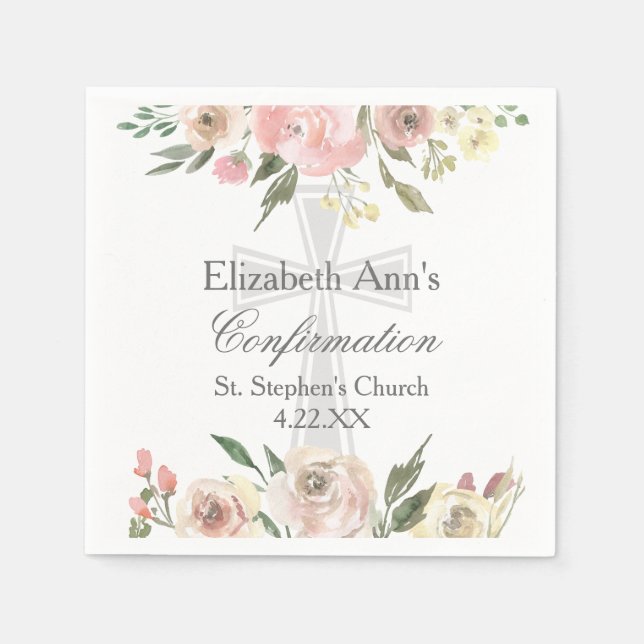 Elegant Pink Floral Confirmation Party Custom Napkins (Front)