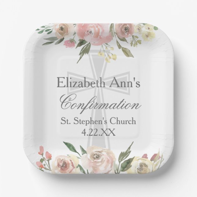 Elegant Pink Floral Confirmation Party Custom Paper Plates (Front)