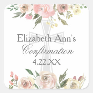 Elegant Pink Floral Confirmation Party Custom Square Sticker