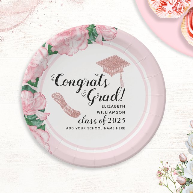 Elegant Pink Floral Congrats Grad Graduation Paper Plates (Creator Uploaded)