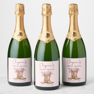 Elegant Pink Floral Cowgirl Bridal Shower Sparkling Wine Label