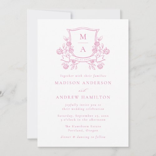 Elegant Pink Floral Crest All in One Wedding Invitation