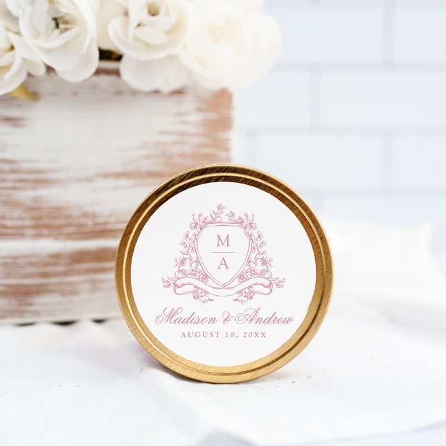 Elegant Pink Floral Crest Monogram Wedding Classic Round Sticker (Creator Uploaded)