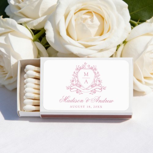 Elegant Pink Floral Crest Monogram Wedding Matchboxes