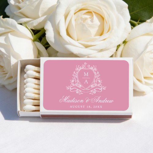 Elegant Pink Floral Crest Monogram Wedding Matchboxes