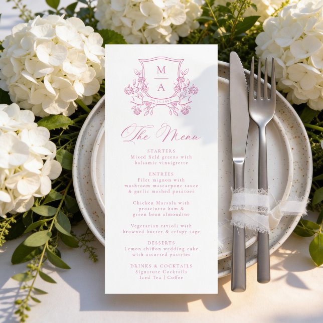 Elegant Pink Floral Crest Monogram Wedding Menu (Creator Uploaded)