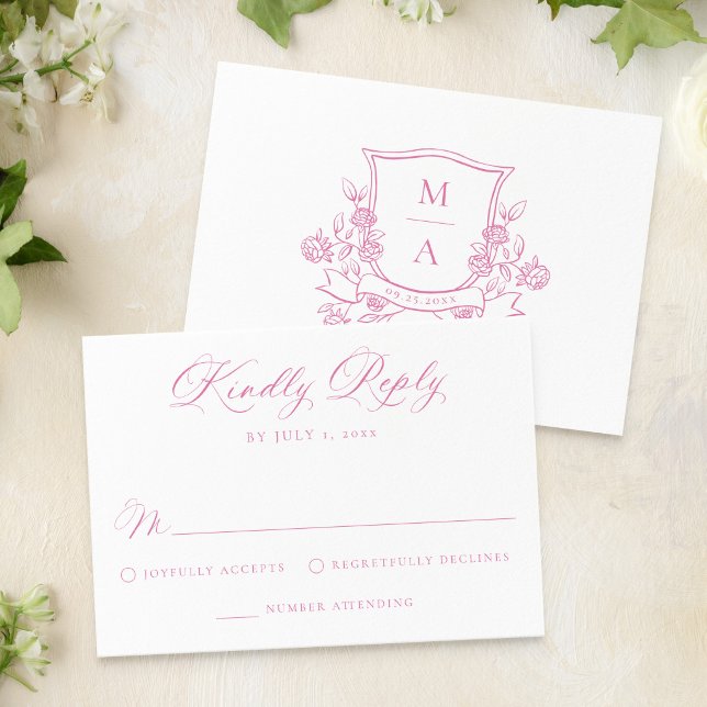 Elegant Pink Floral Crest Monogram Wedding RSVP Card (Creator Uploaded)