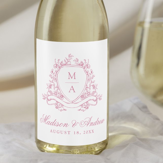 Elegant Pink Floral Crest Monogram Wedding Wine Label (Creator Uploaded)