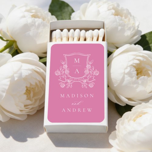 Elegant Pink Floral Crest Wedding Matchboxes