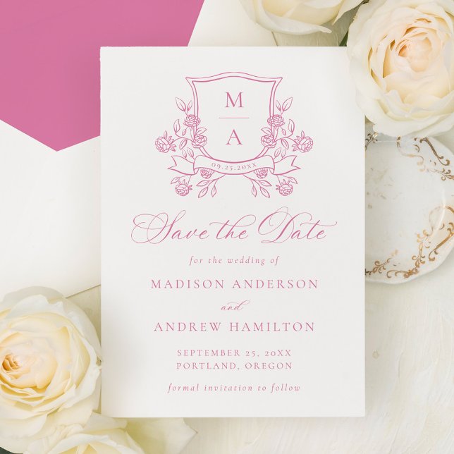 Elegant Pink Floral Crest Wedding Save The Date (Creator Uploaded)