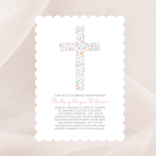 Elegant Pink Floral Cross Baby Girl Baptism Invitation