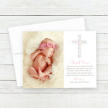Elegant Pink Floral Cross Baby Girl Baptism Photo Thank You Card<br><div class="desc">This simple and sweet baby girl baptism thank you card design features a baby photo with stylish pink and gray text that can be fully personalized,  accented by a pretty cross made of flowers,  butterflies,  and hearts.</div>