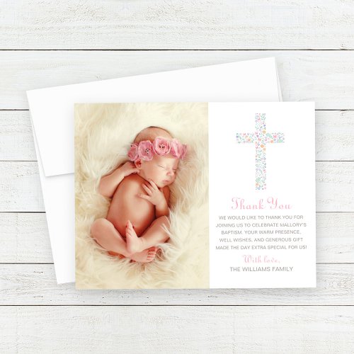 Elegant Pink Floral Cross Baby Girl Baptism Photo Thank You Card