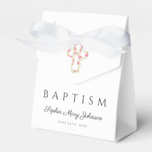 Elegant Pink Floral Cross Baptism Favor Boxes