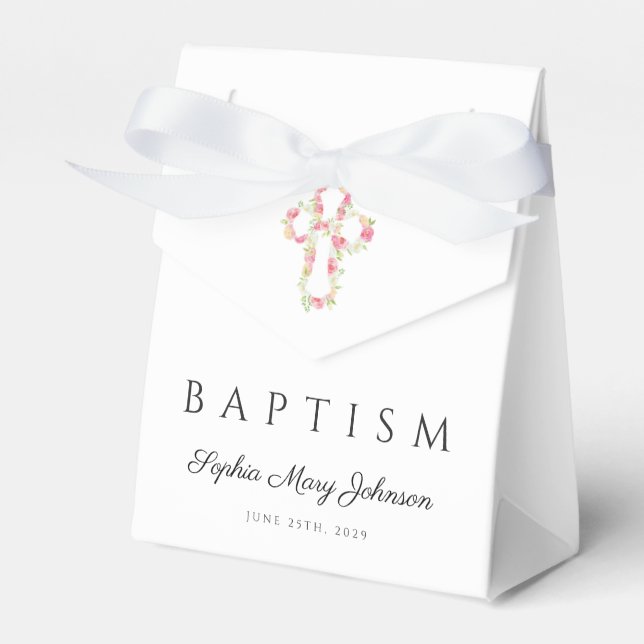 Elegant Pink Floral Cross Baptism Favor Boxes (Front Side)