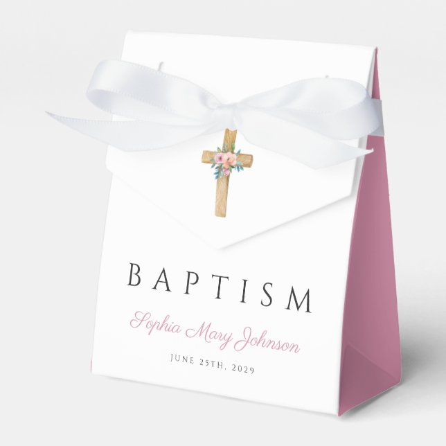 Elegant Pink Floral Cross Baptism  Favor Boxes (Front Side)